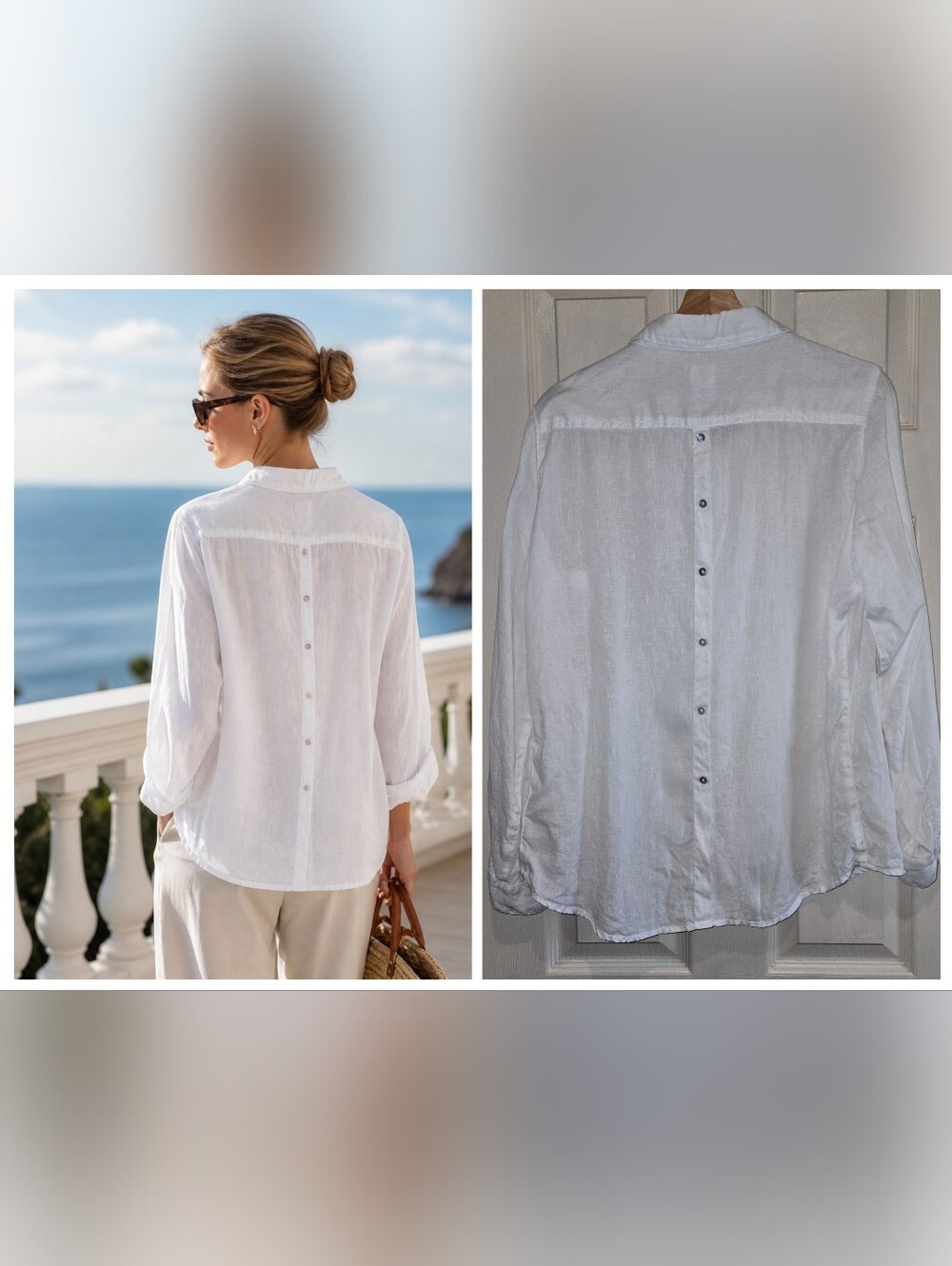 100% Linen Shirt L White Button Back Preppy Beach Vacation Sigrid Olsen